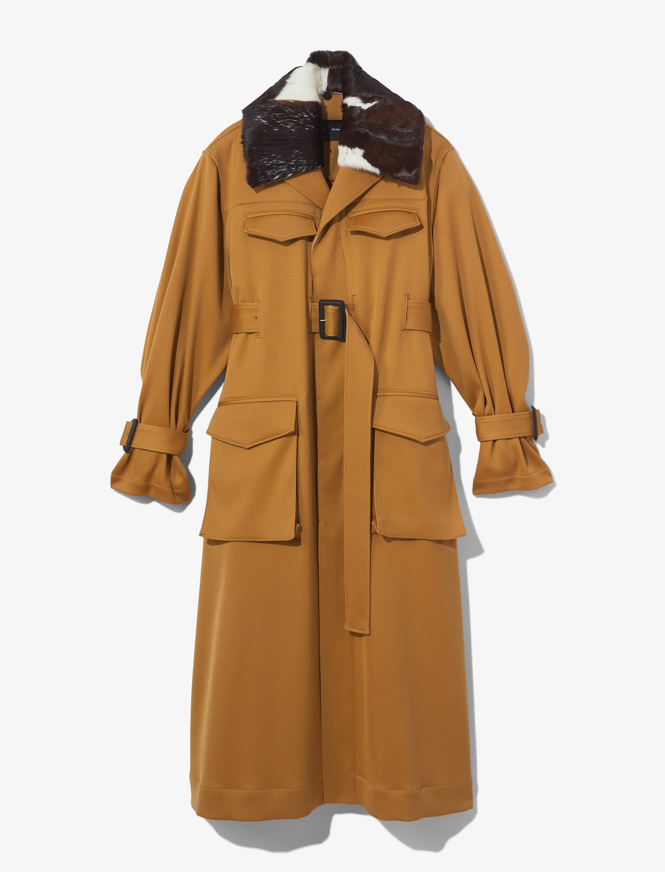 Wool Twill Belted Trench Coat with Shearling Collar #4