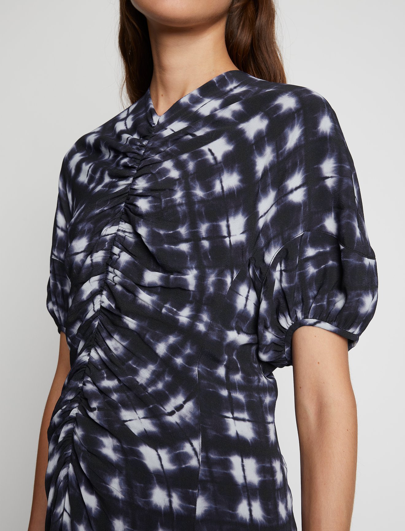 Printed Tie Dye Gathered Dress in blue | Proenza Schouler