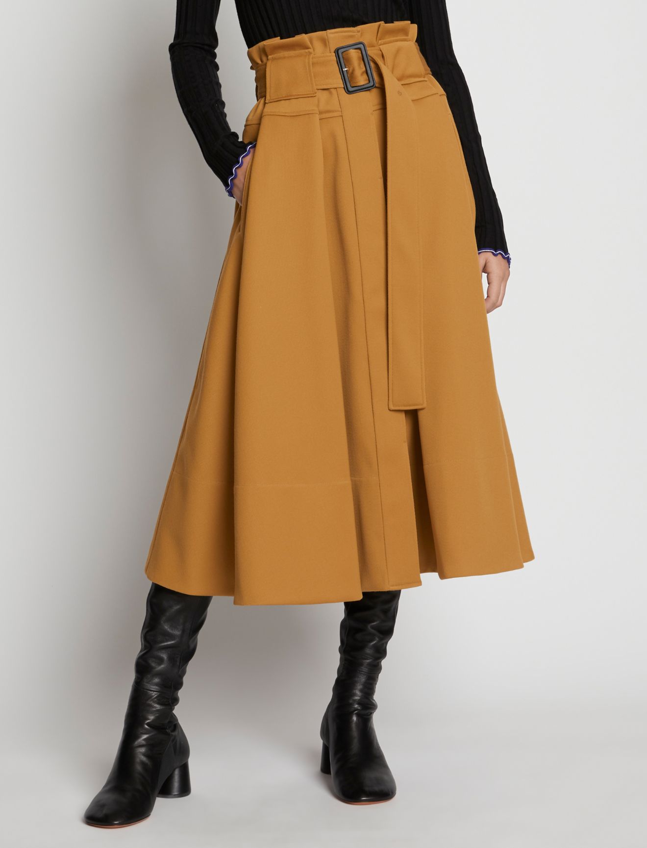 Wool Twill Belted Midi Skirt in brown | Proenza Schouler