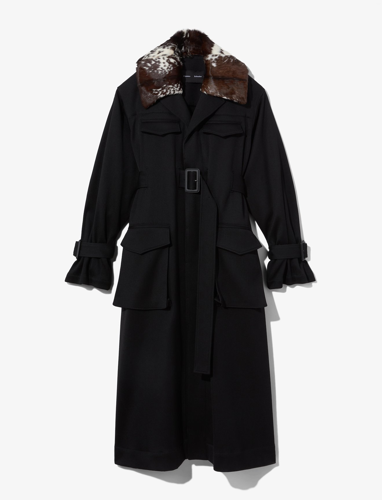 Wool Twill Belted Trench Coat with Shearling Collar #4