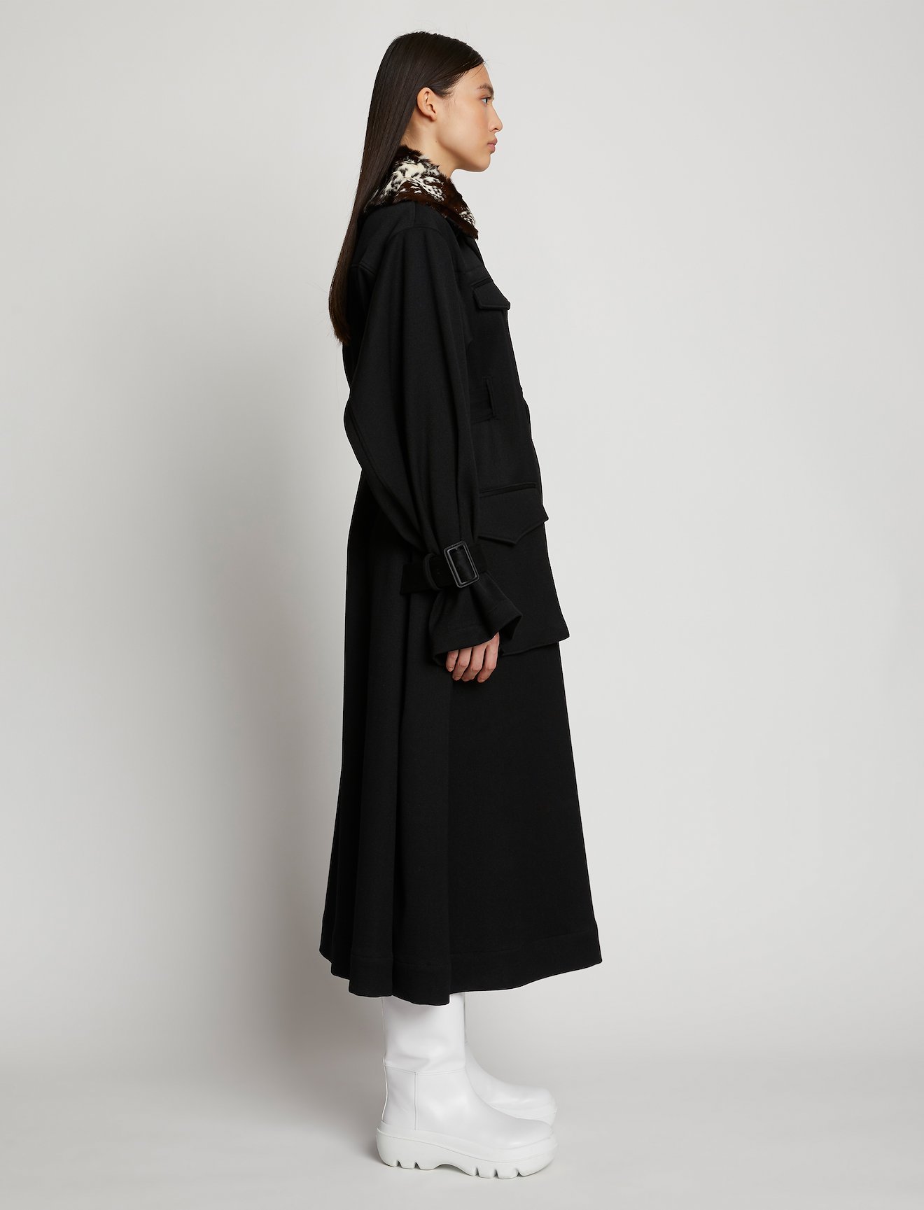 Wool Twill Belted Trench Coat with Shearling Collar #1