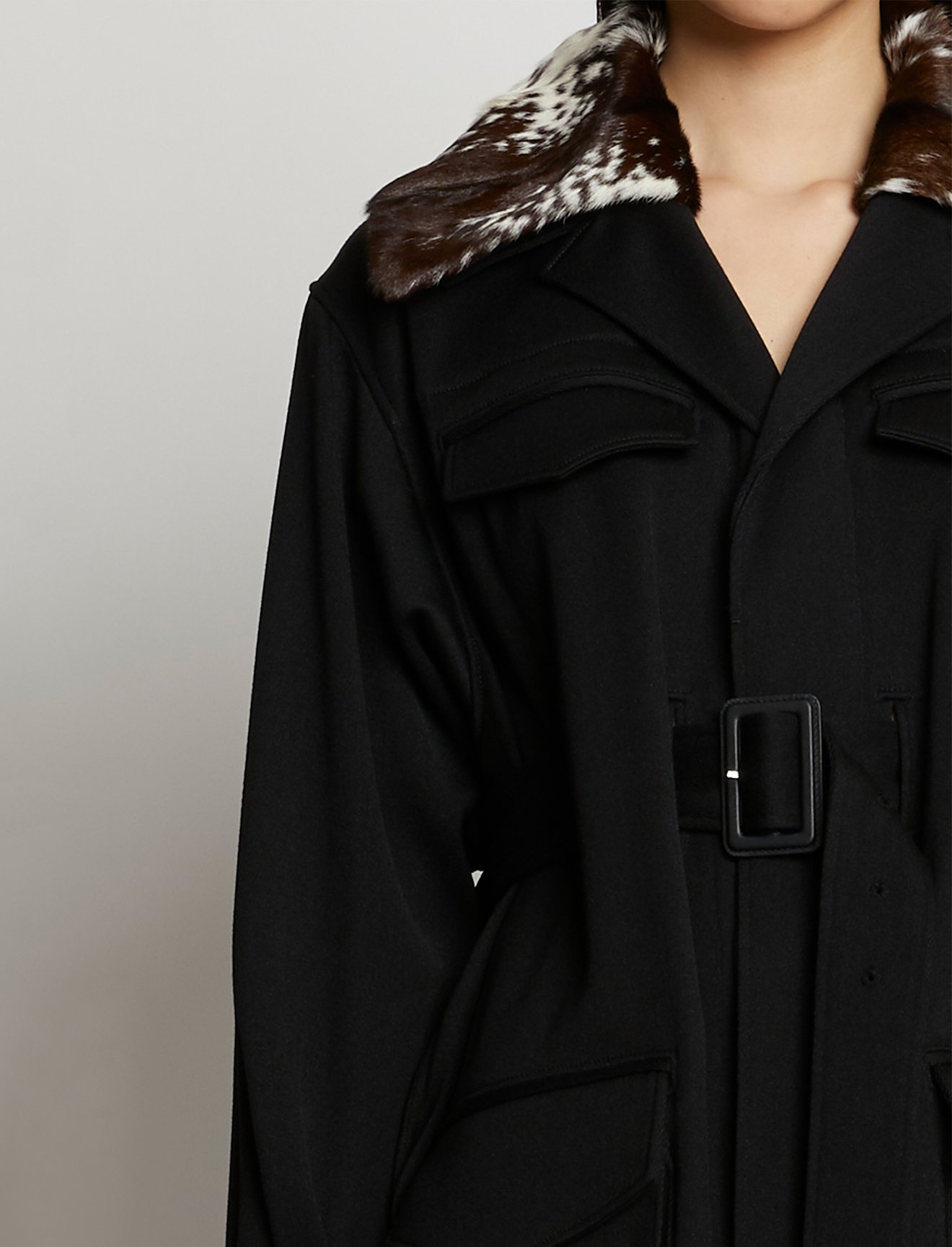 Wool Twill Belted Trench Coat with Shearling Collar #3