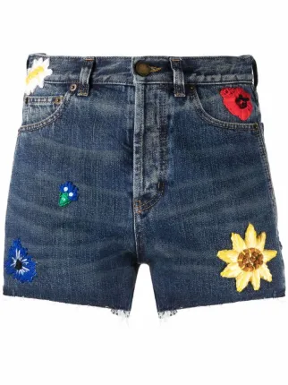 Blu Shorts denim con ricamo a fiori Farfetch Abbigliamento Pantaloni e jeans Shorts Pantaloncini 