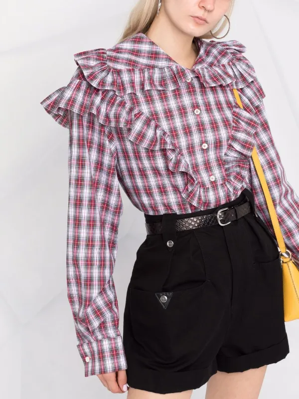 red plaid ruffled shirt for women 