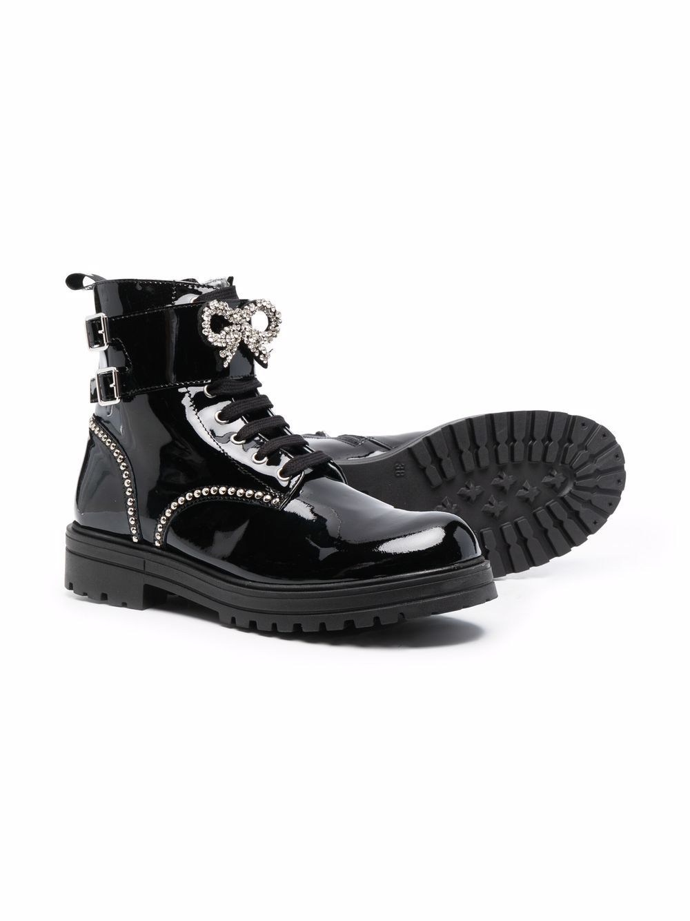 Shop Monnalisa Teen Crystal-embellished Patent Leather Ankle Boots In Black