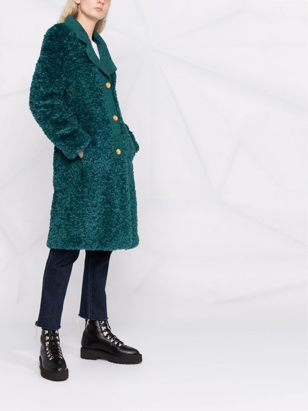 Shop Boutique Moschino Textured Woven-trim Coat In Green