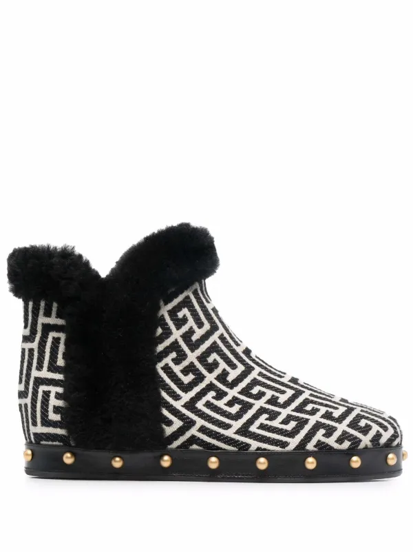 monogram embellishment block heel boots