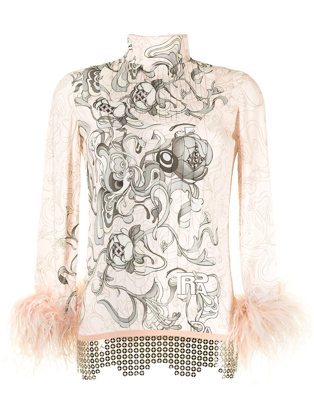 Pre-owned Prada Abstract-print Feather Cuff Blouse In Pink