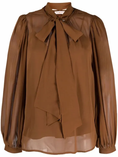 Tory Burch brown pussy bow-collar silk 