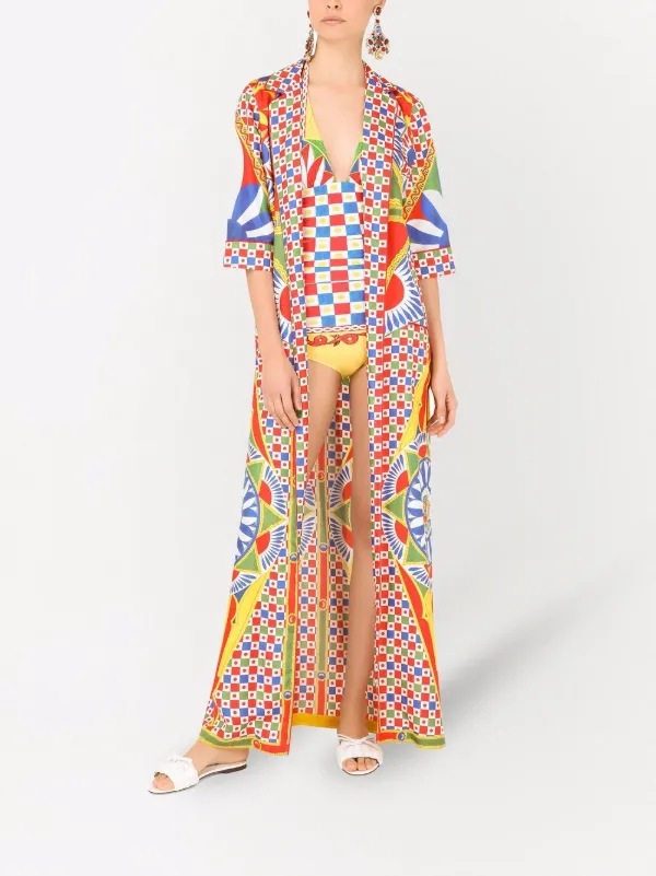 Dolce & Gabbana Carretto-print plunge-neck Swimsuit | Yellow