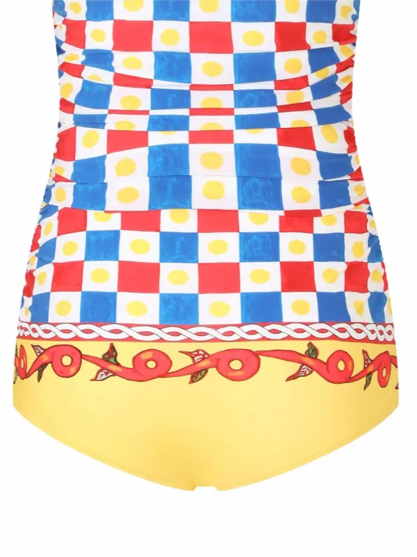 Dolce & Gabbana Carretto-print plunge-neck Swimsuit | Yellow