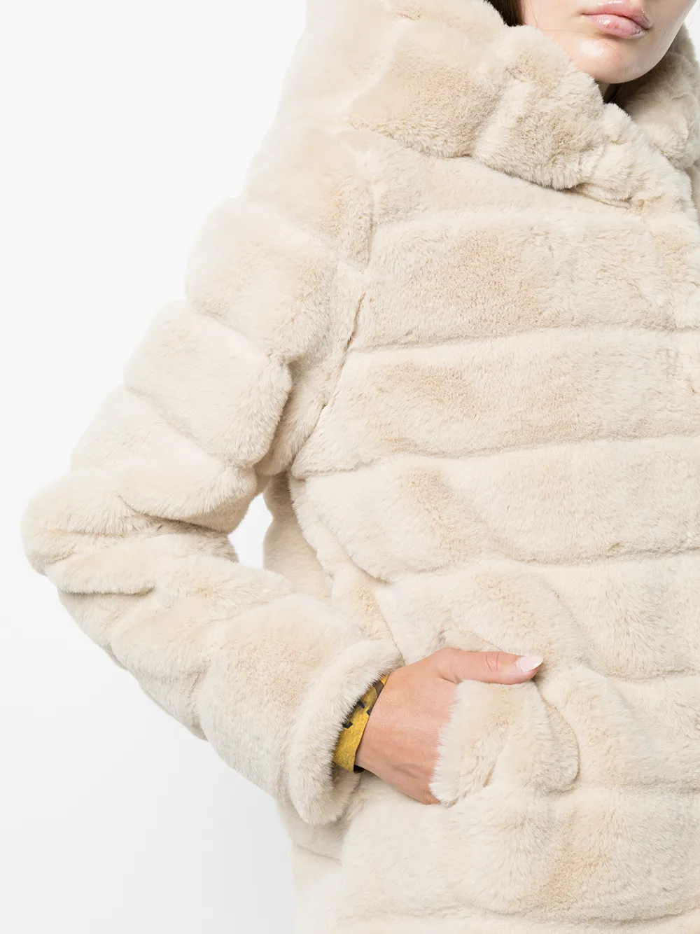 Apparis Goldie Hooded Faux Fur Short Coat In Nude