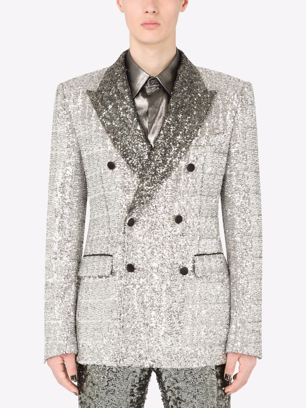 Shop Dolce & Gabbana Sicilia-fit Sequin-embellished Double-breasted Blazer In Silver