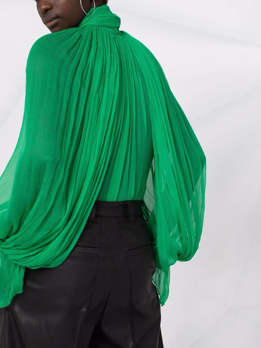 Shop Atu Body Couture Sheer Pleated Pussybow Blouse In Green