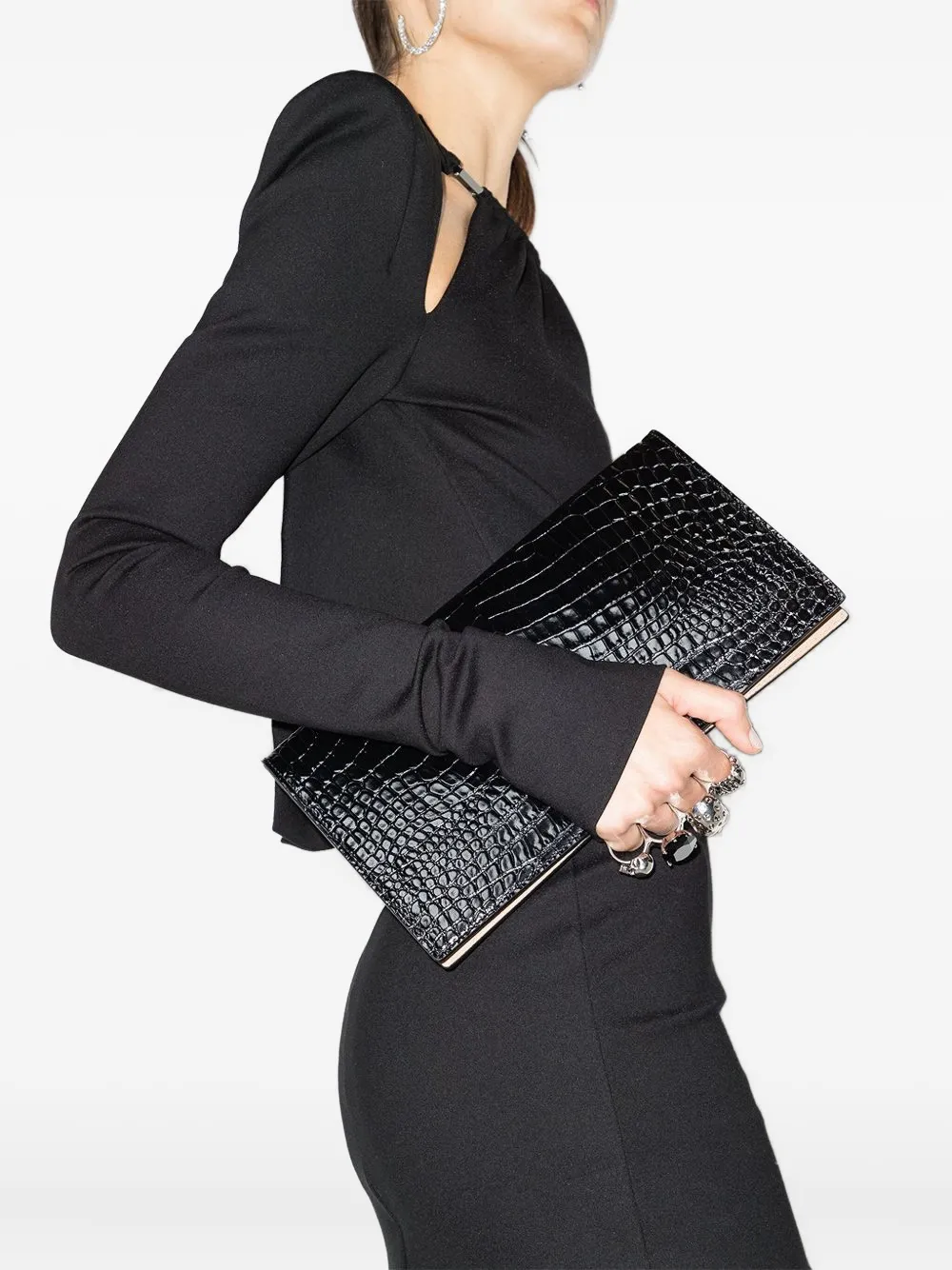 Alexander McQueen Clutch met krokodillenleer-reliëf - Zwart