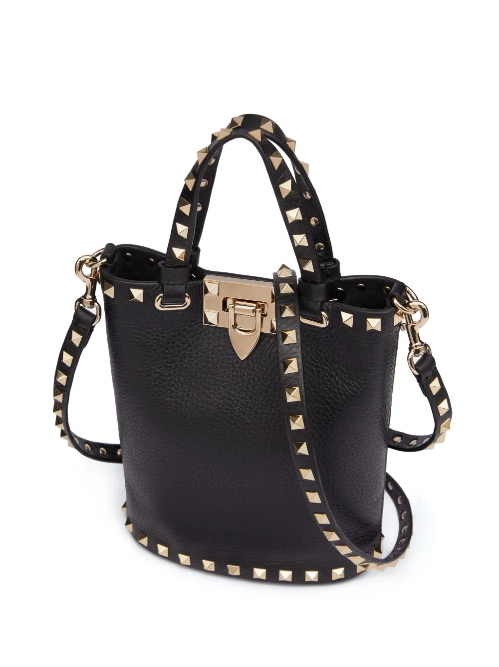 Rockstud Grainy Calfskin Bucket Bag for Woman in Black