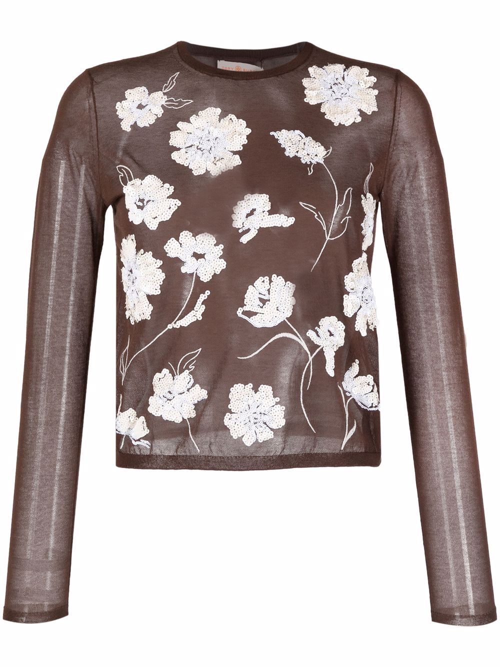 Shop Tory Burch Floral-embroidered Knitted Top In Brown