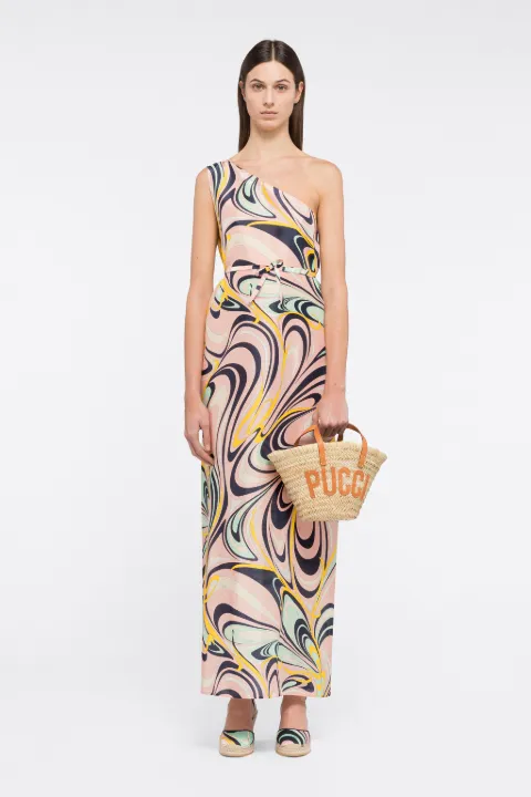 Onde-Print One-Shoulder Silk Maxi Dress 