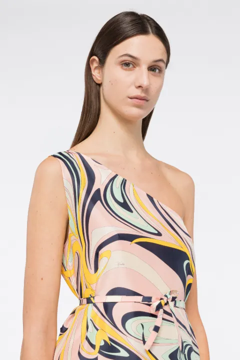 Onde-Print One-Shoulder Silk Maxi Dress 