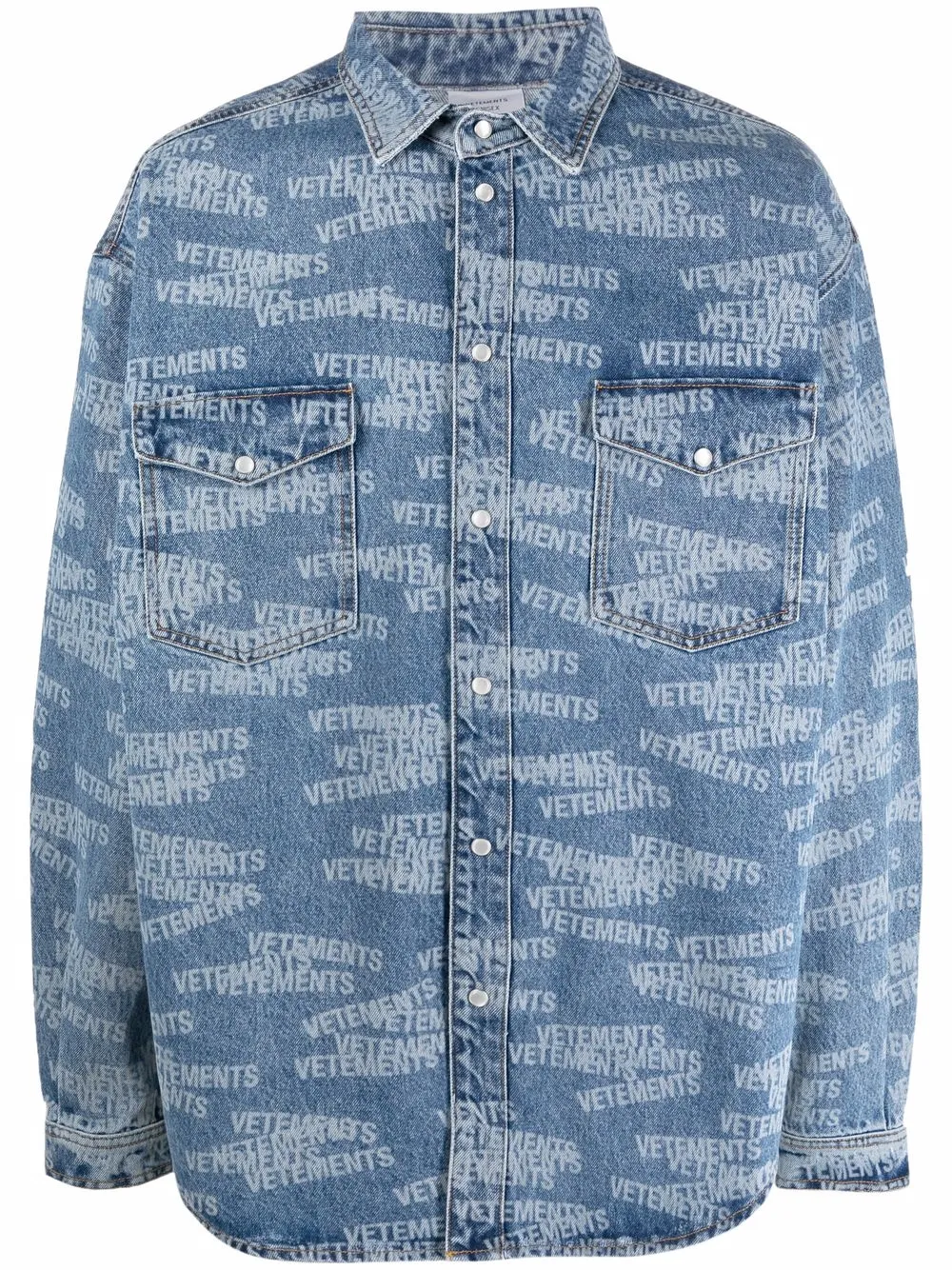 Repeated logo-print denim shirt