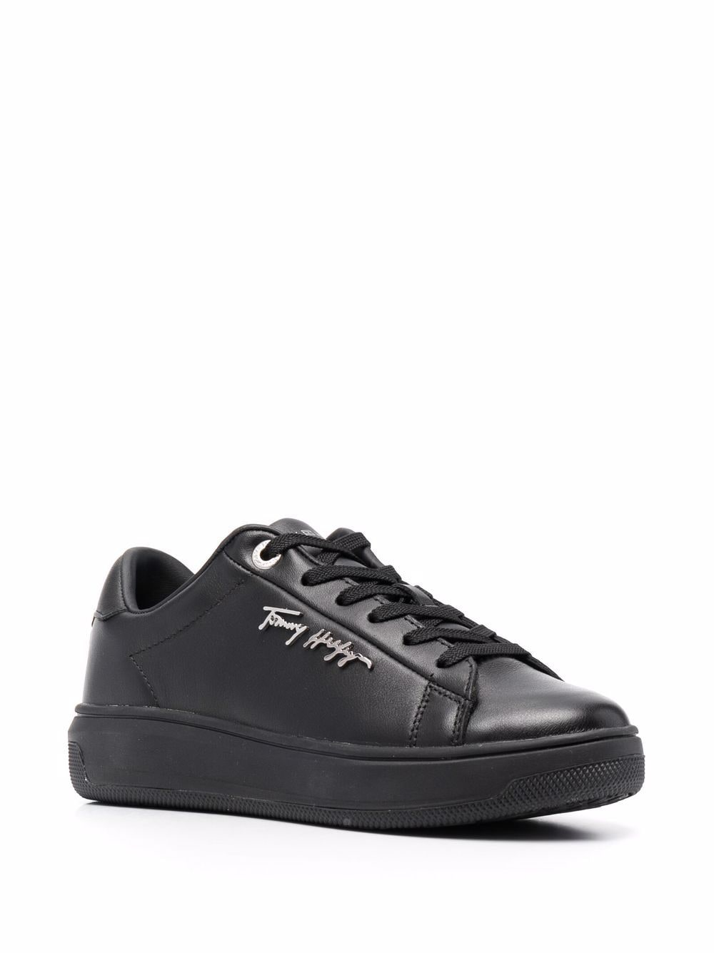 Shop Tommy Hilfiger Signature Leather Sneakers In Black