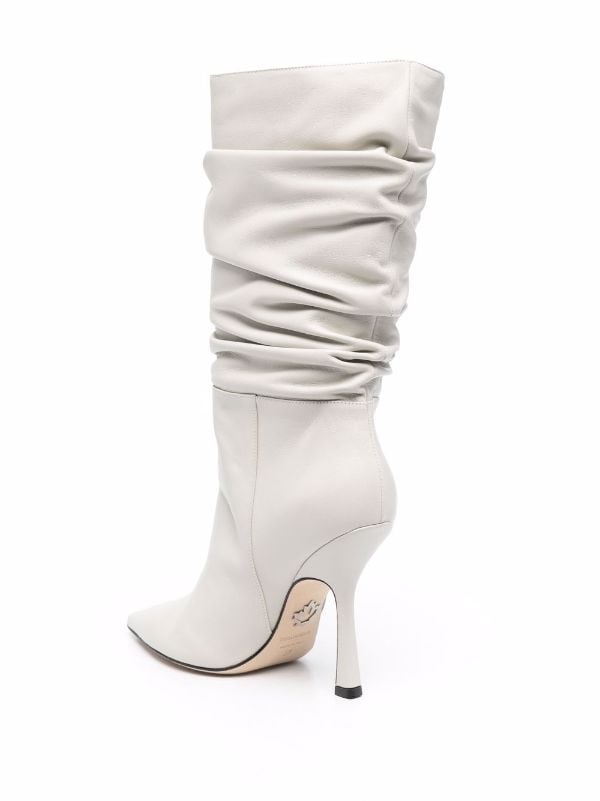 White Ruched Knee High Boots For Women