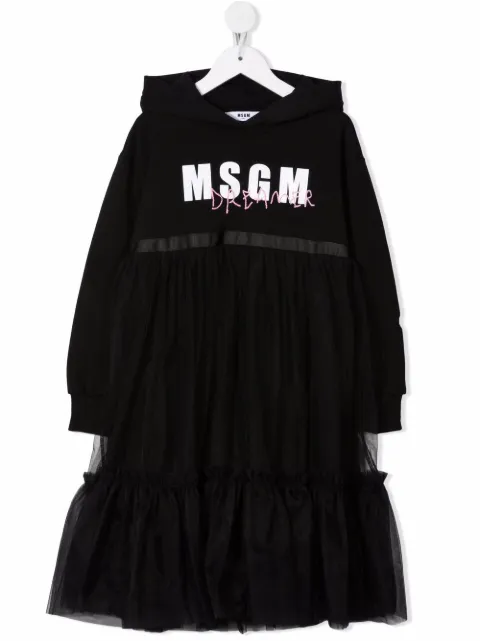 MSGM Kids logo-print hooded tulle dress
