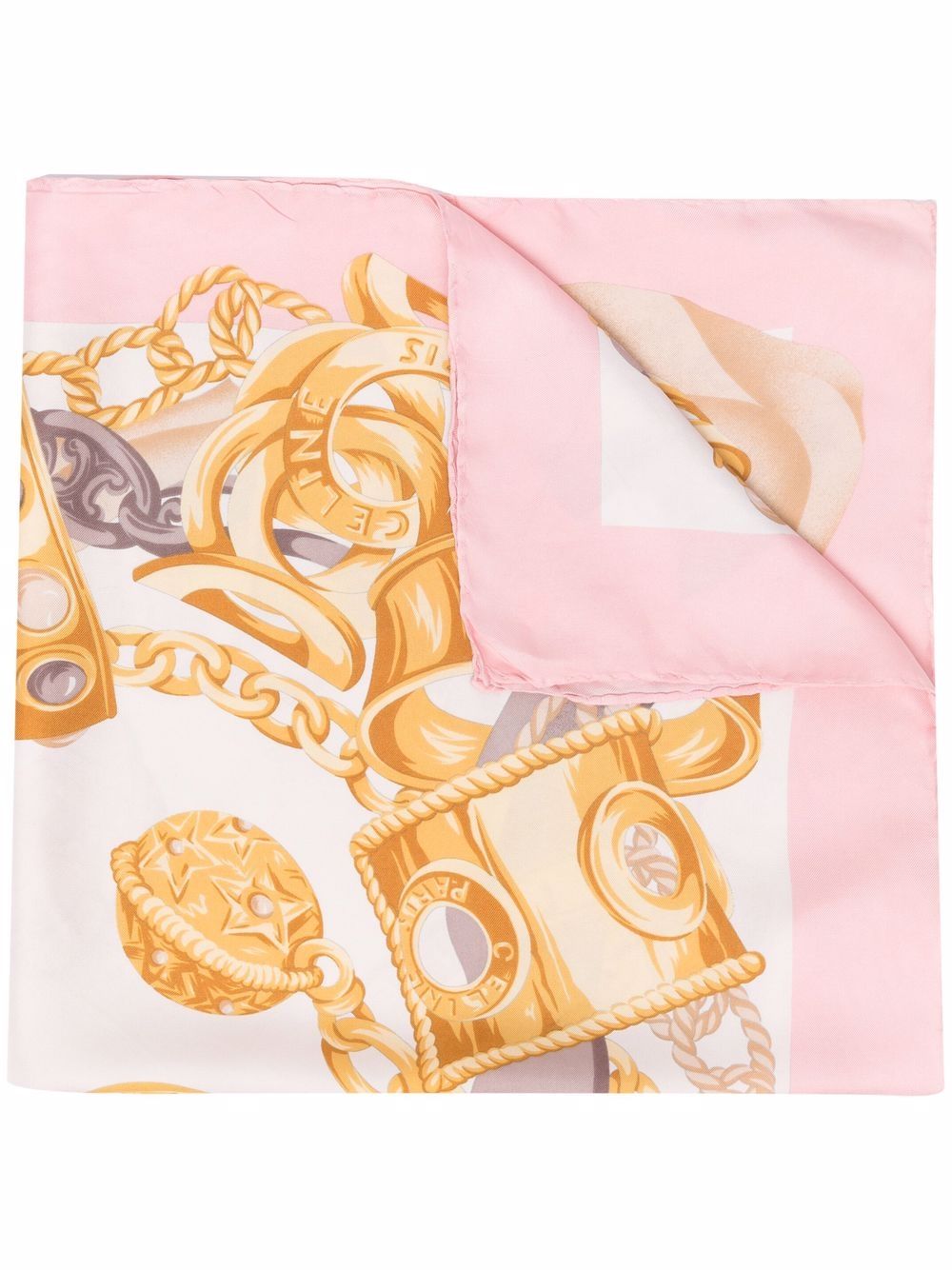 Pre-owned Celine 1970s Chain-link Print Silk Scarf In Pink