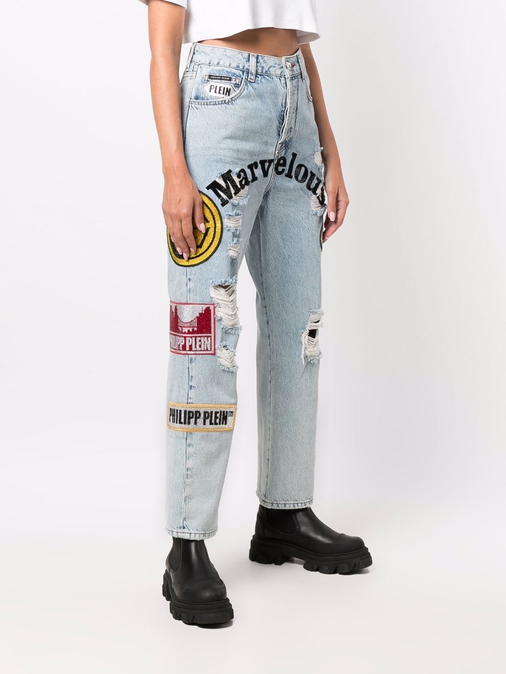 Shop Philipp Plein Patchwork Boyfriend Jeans In Blau