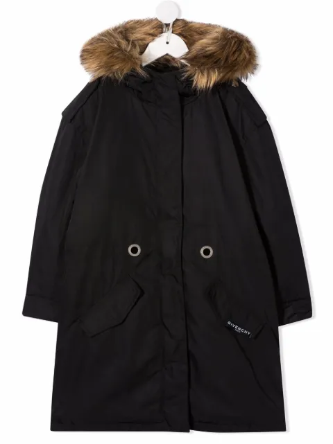 Givenchy Kids معطف كاجوال بهودي وأطراف فرو صناعي وطبعة شعار