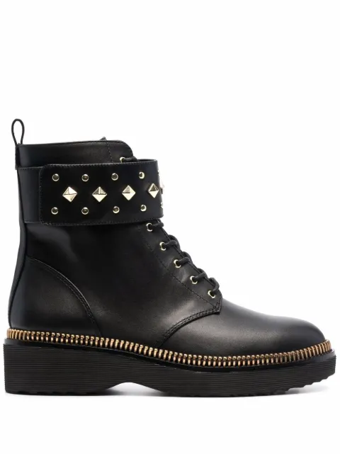 haskell crinkled leather and logo combat boot