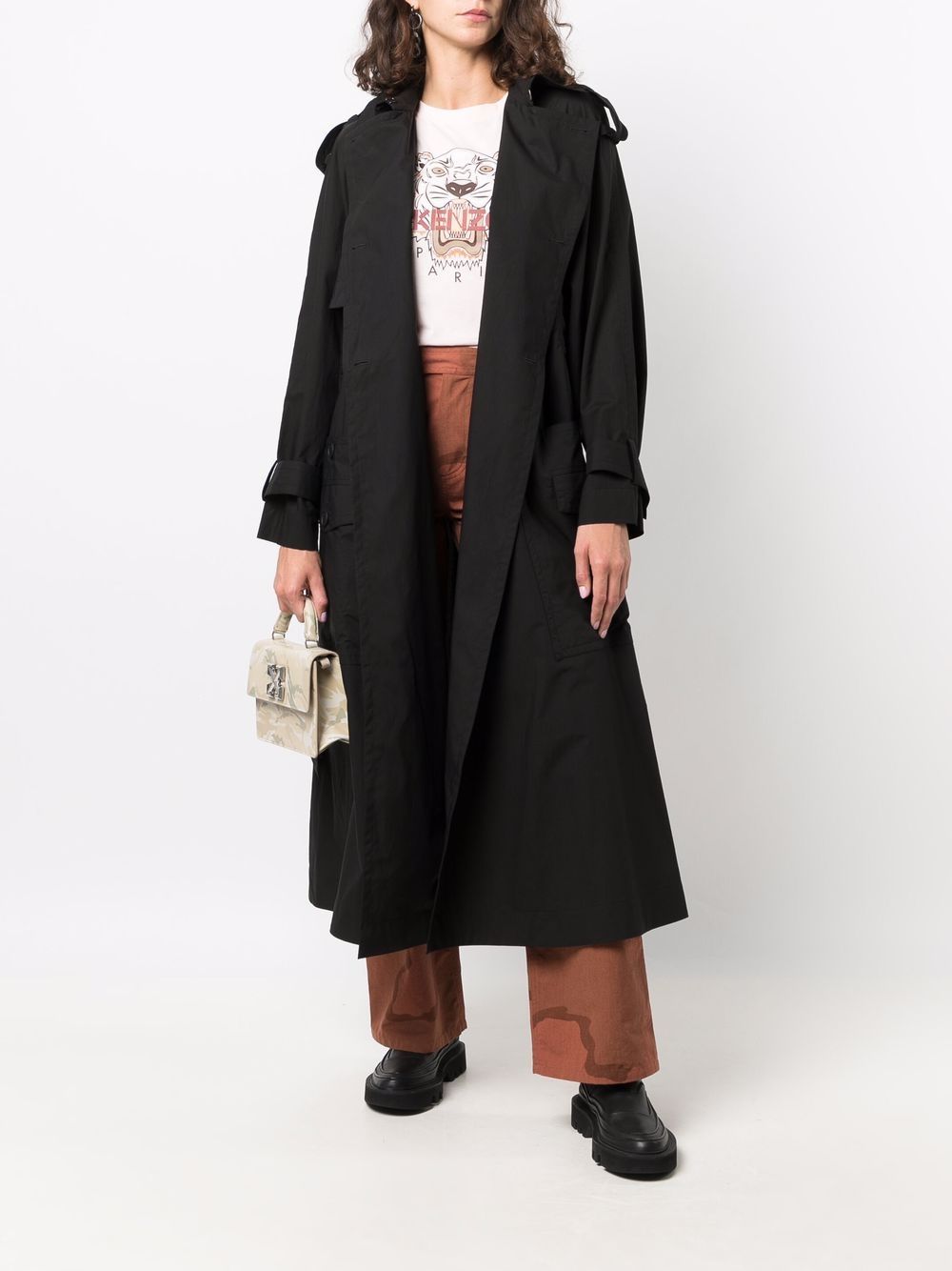 kenzo double-breasted belted cotton trench coat - black