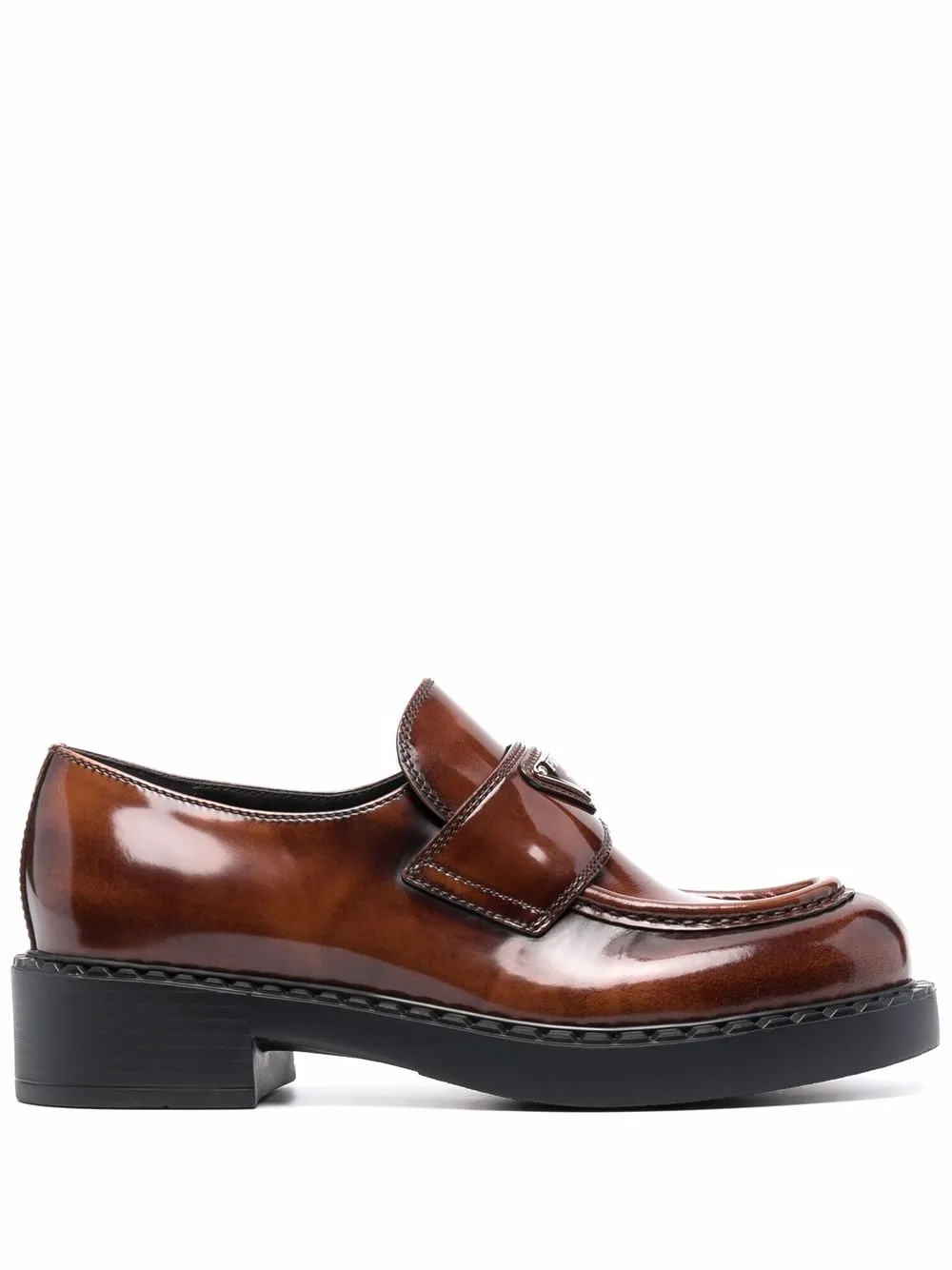 Prada Logo-plaque Brushed-effect Loafers In Brown