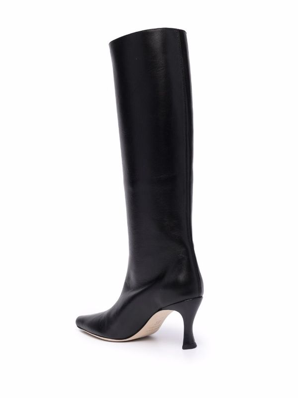 black leather pointed knee high boots