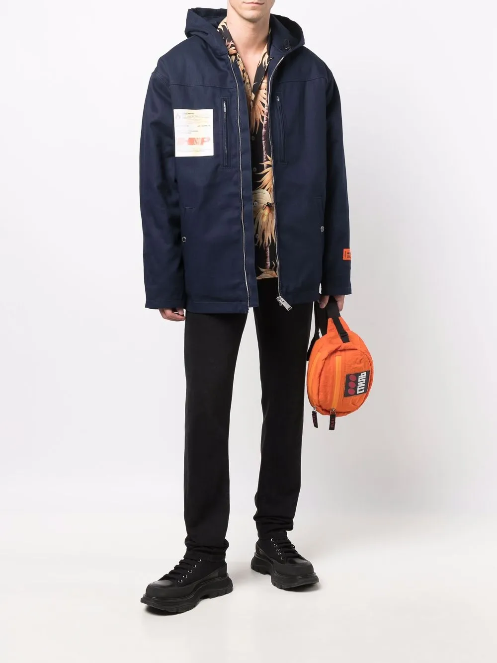 Heron Preston Hooded Blue Cotton Coat With Logo Accents In 蓝色