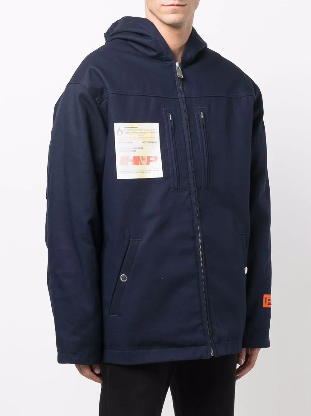 Heron Preston Hooded Blue Cotton Coat With Logo Accents In 蓝色