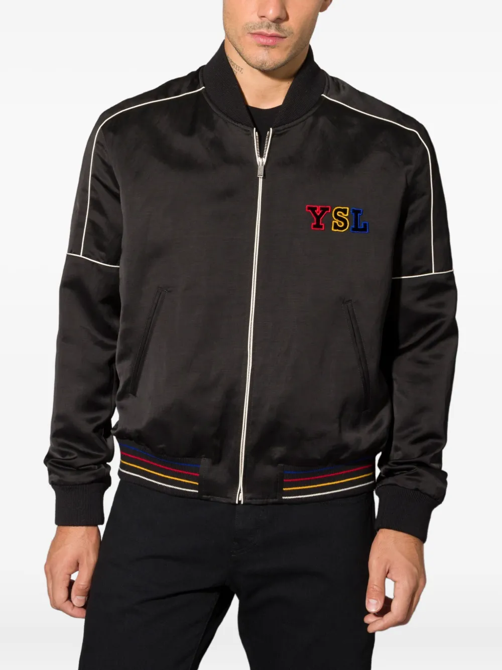 Saint Laurent Embroidered Logo Zipped Bomber Jacket | Black