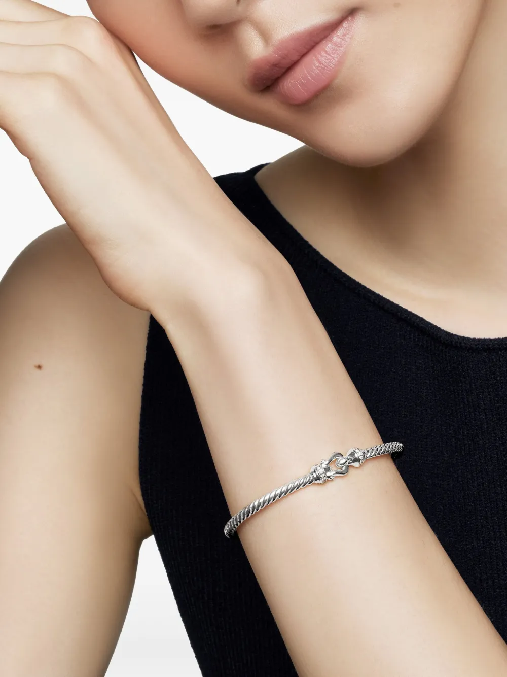  David Yurman 18kt White Gold Buckle Cablespira Diamond Bracelet (3.5mm) - Silver 