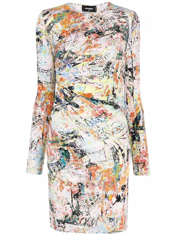 Dsquared2 Abstract-print Long-sleeve Dress - White