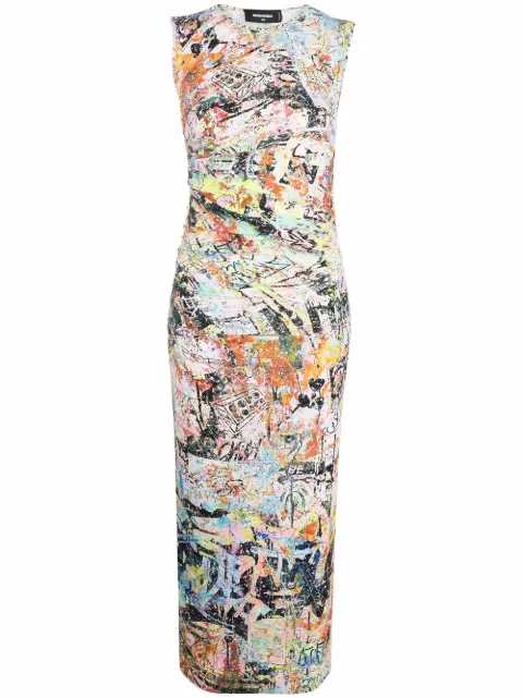 DSQUARED2 abstract-print gathered-detail midi dress Women