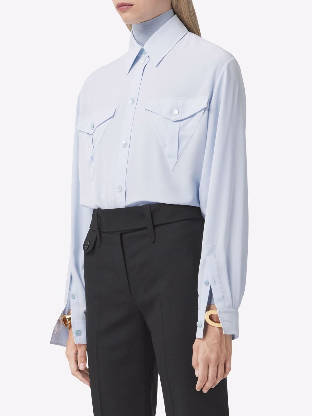 Shop Burberry Logo Appliqué Silk Crepe De Chine Oversized Shirt In Blue