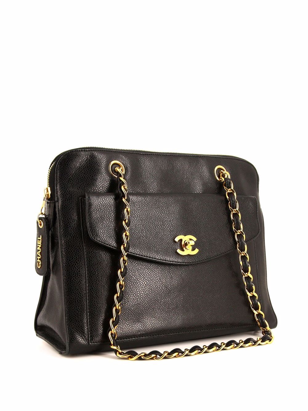 CHANEL Vintage Front Pocket Caviar Leather Shoulder Bag Black