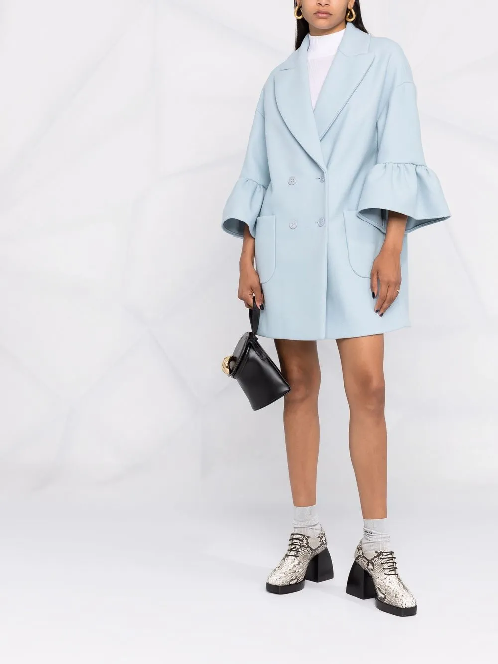 Image 2 of RED Valentino ruffle-detail buttoned peacoat