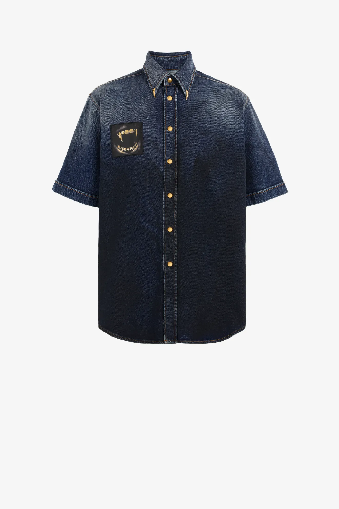 Teeth-Print Appliqué Denim Shirt 