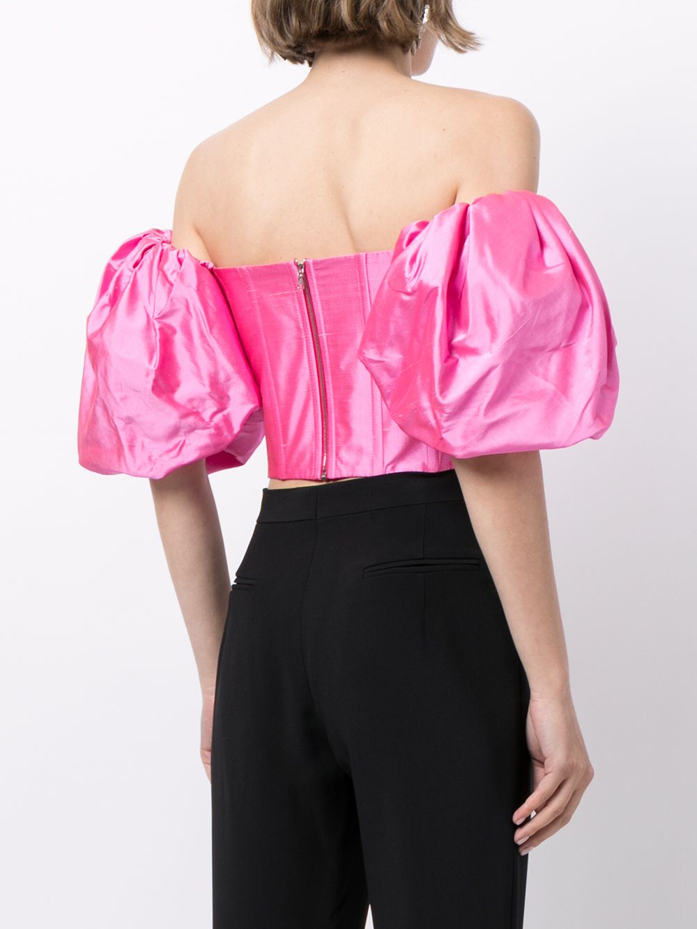 Shop Rozie Corsets Cold-shoulder Silk Puff-sleeve Blouse In Rosa