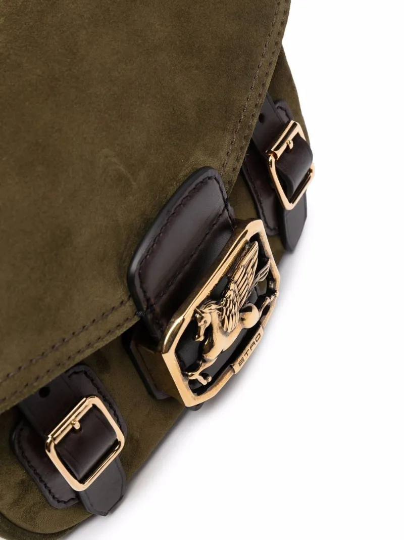 ETRO suede logo-patch messenger bag green | MODES