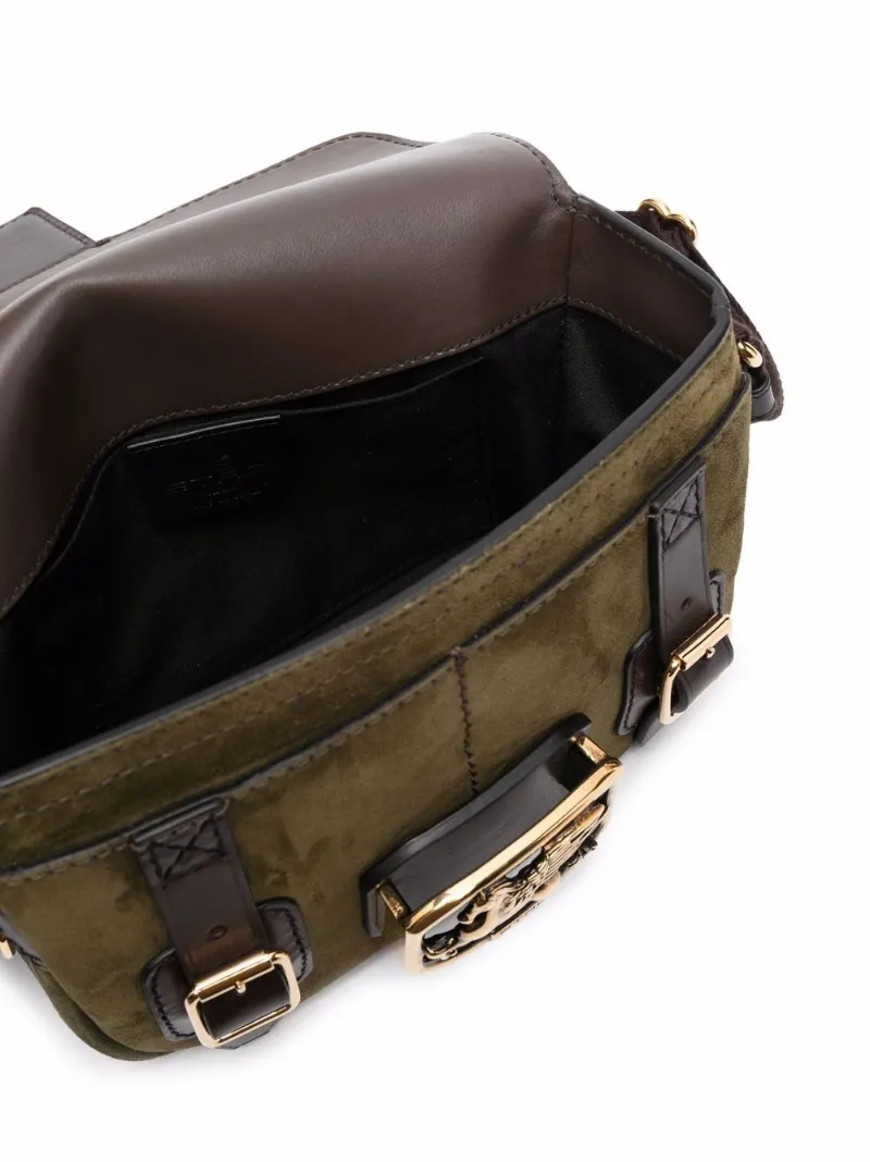ETRO suede logo-patch messenger bag green | MODES