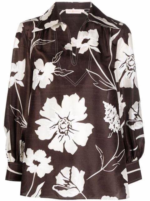 Tory Burch brown floral shift silk blouse for women | 82968215 at ...