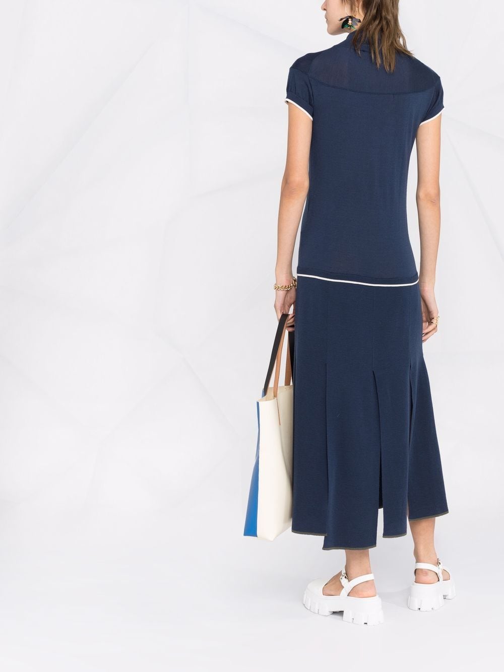Shop Marni Fine-knit Flared Dress In 蓝色