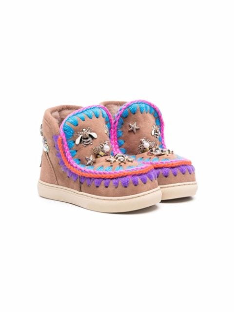 Mou Kids embroidered shearling-lined boots